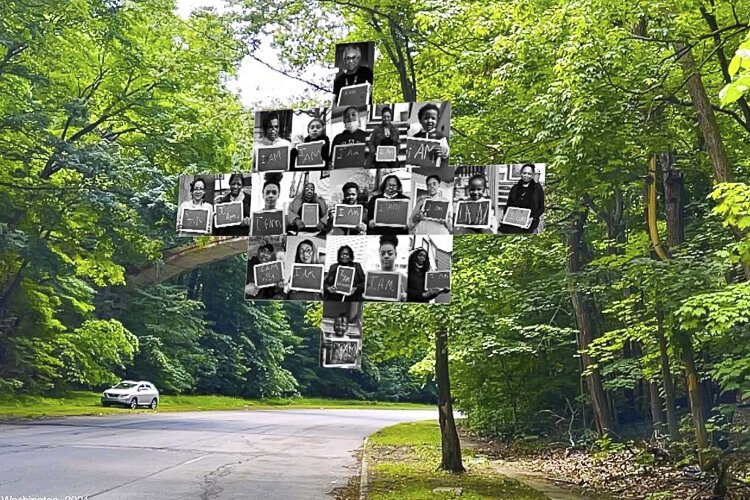 我是，吉娜·华盛顿，2021年，照片在增强现实在森林山人行桥，东克利夫兰，俄亥俄州＂sizes=