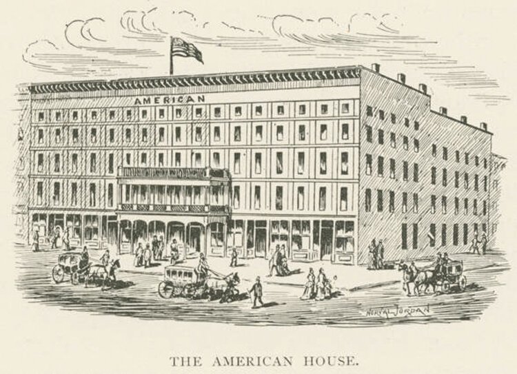 圣保罗教堂的会众最初在苏必利尔街的美国之家酒店聚会。诺瓦尔·乔丹1840年的木版画